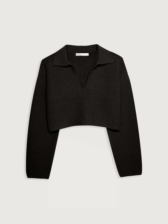 OAK + FORT Tops - OAK + FORT Black Cropped Collared V-Neck Sweater